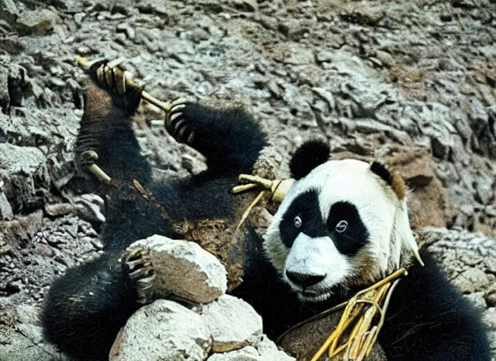 Prompt: 90's professional color photograph, A panda laboring in a mine.