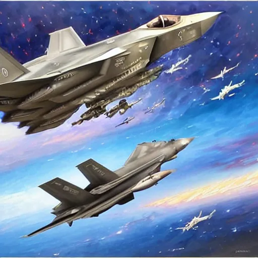 Prompt: f - 3 5 fighter jet by arthur adams, charlie bowater, leonid afremov, chiho ashima, karol bak, david bates, tom chambers