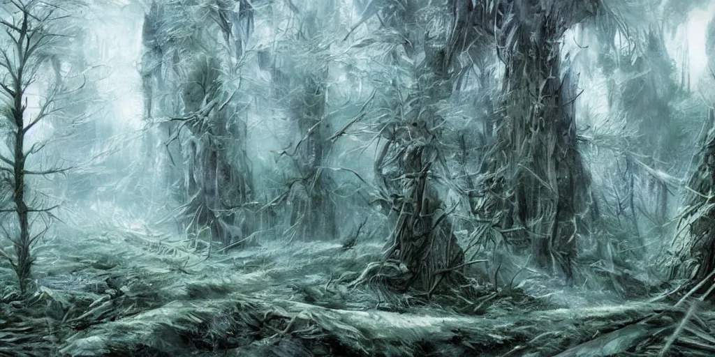 Image similar to future forest attacked by spaceship, star trek, concept art, ice mist, glory war,