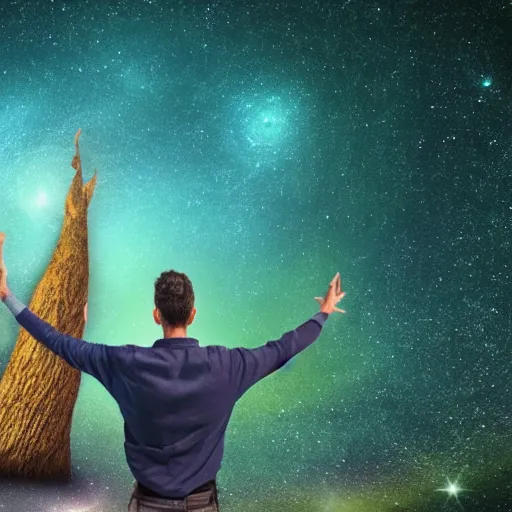 Prompt: a human man standing next to a cosmic tree, a sense of awe, amazement, monogon, plasma display, damascus, morph, in a symbolic and meaningful style