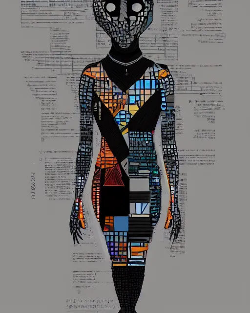 Prompt: cypherpunk fashion illustration, television head, full body, long limbs, abstract portrait, ultra detailed, fine detail