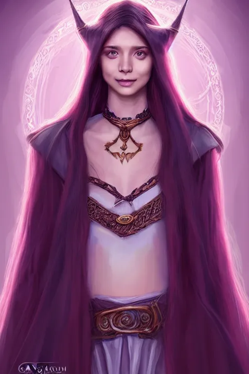 Prompt: portrait of a gorgeous young female wizard, looking at camera, D&D, choker on neck, stylish robe, mouth slightly open, cute slightly nerdy smile, very long flowing hair, intricate, elegant, stylish, fantasy, extremely detailed, digital painting, artstation, concept art, smooth, sharp focus, illustration, stunning lighting, art by artgerm and greg rutkowski and alphonse mucha and simon stalenhag