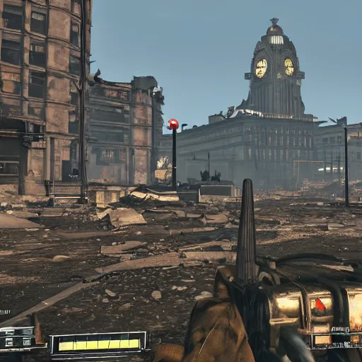 Prompt: royal liver building, liverpool in ruins post - nuclear war in fallout 4, in game screenshot