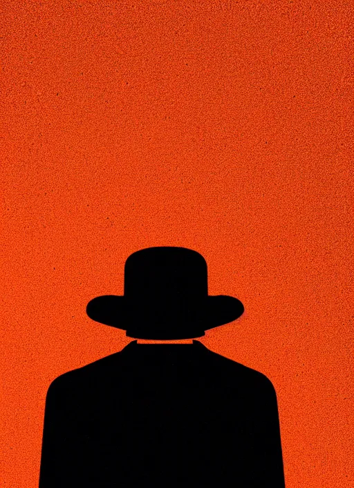 Image similar to habitat 67 on fire, portrait of a lone man in a hat, Mads Berg, Karolis Strautniekas, film noir, stippled light, dramatic lighting,editorial illustration, detailed,fine texture, matte print, dark orange, red, black