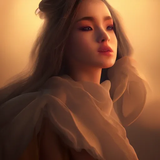 Image similar to beautiful girl in full gown blowing clouds, beautiful portrait, character concept style trending on artstation concept art detailed octane render cinematic photo - realistic 8 k high detailed