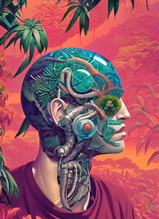 Image similar to gigantic cyborg head, a lot of exotic vegetation, trees, flowers by junji ito, tristan eaton, victo ngai, artgerm, rhads, ross draws, hyperrealism, intricate detailed