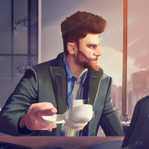 Prompt: handsome startup CEO having a cup of coffee. sci-fi cyberpunk concept art