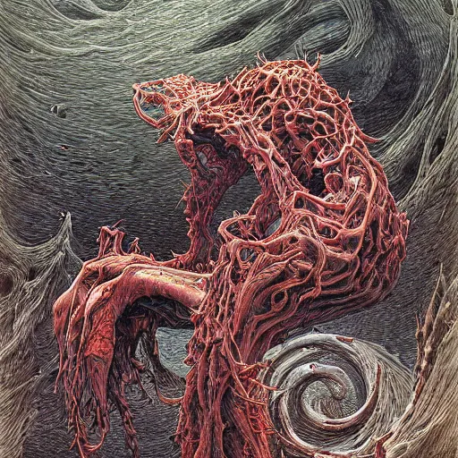 Prompt: madness creature, fluid, smooth, organic, crazy, bright, colours, tumours, high contrast, sharpness, dramatic, very detailed, intricate, by donato giancola and gustave dore and junji ito