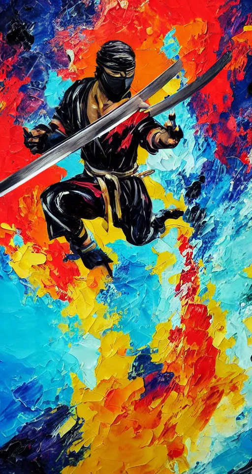 Image similar to colorful beautiful abstract painting, man, ninja with katana of water wave, full body, water fists of fury, jumping leaping heroic attack, action scene, ultra detailed