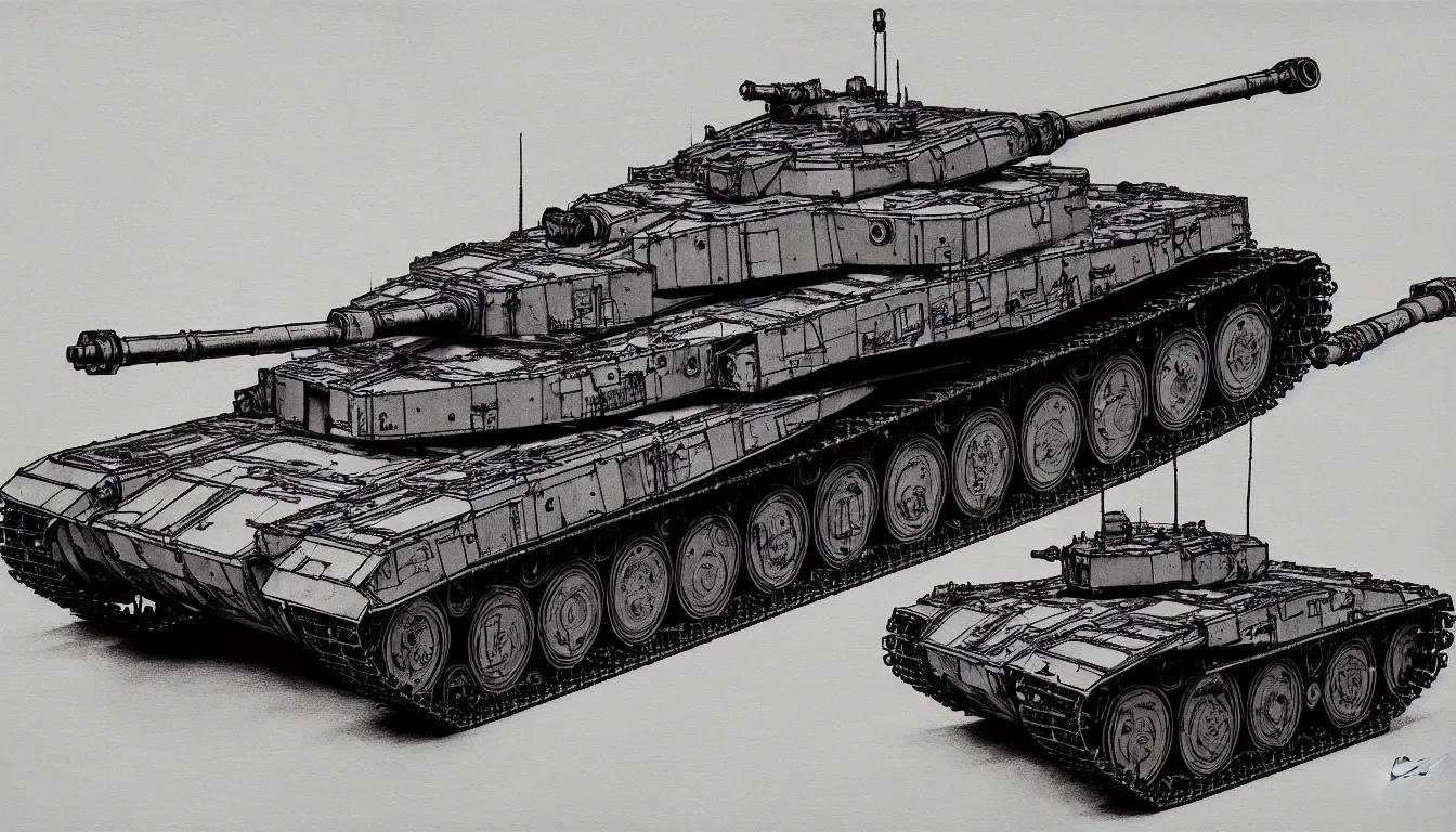 Image similar to a cyberpunk armored t - 8 4 tank by mumford and peter doig and edward hopper, symmetrical, minimal, black ink, thick lines highly detailed, muted colours, overlaid with chinese adverts, 8 k