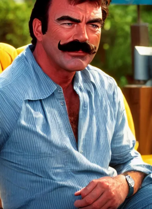 Prompt: film still of tom selleck as a simpsons character, gameplay, 8 k, hd