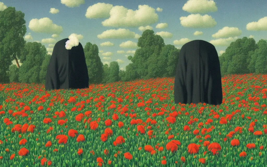 Prompt: grim reape with no face looking at you in distance in beautiful meadow of flowers, detailed painting by rene magritte