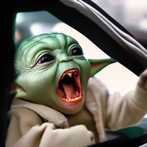 Image similar to baby yoda screaming at the mcdonalds drive thru window