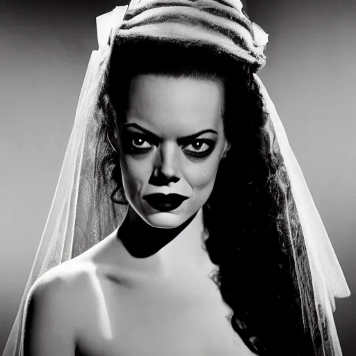 Image similar to emma stone as the bride of frankenstein, universal, movie, photography, portrait, beautiful,