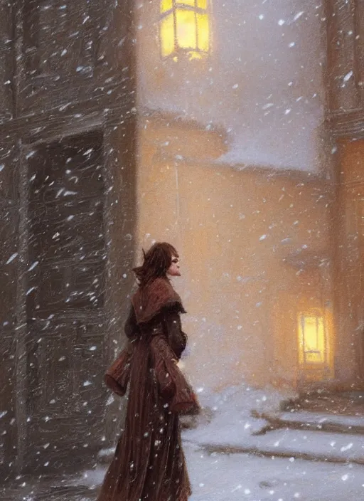 Image similar to back of emma stone in beige coat, walking into new york apartment building entrance in winter, close up of apartment entrance, snow, artwork by gaston bussiere, craig mullins, trending on artstation