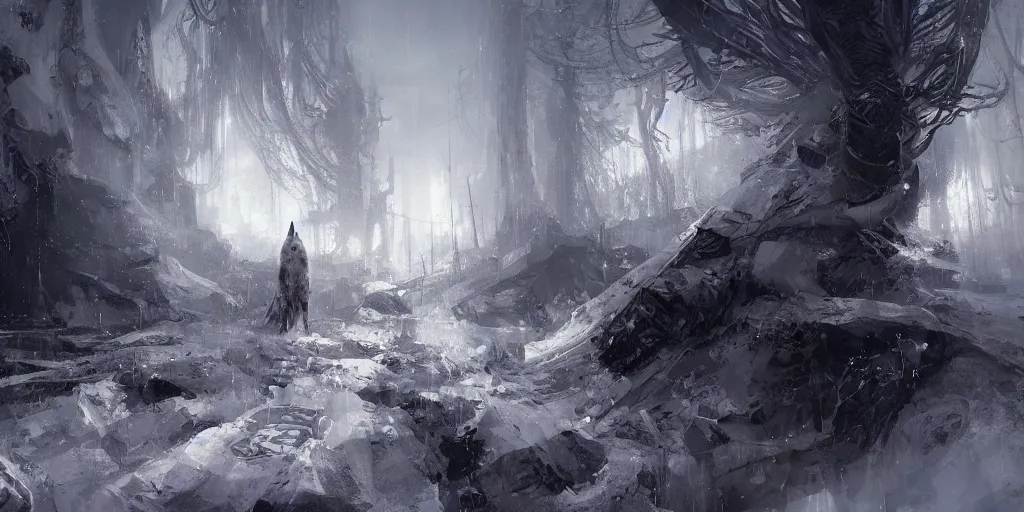 Image similar to a lone white wolf in a nightmare landscape, sad, emotive, high detail, cinematic, beautiful painting by wadim kashin, android jones