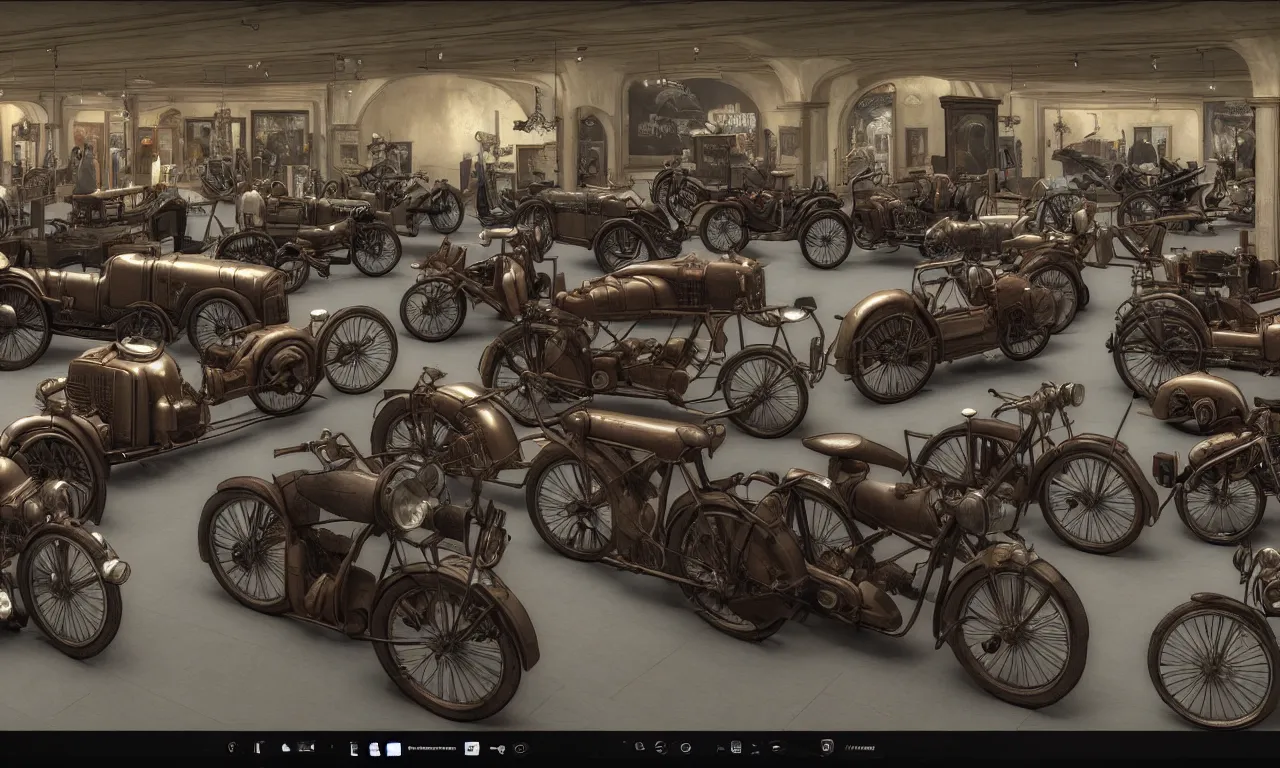 Prompt: exhibition hall of full of restomods cars, restomods bikes, dieselpunk, high detail, shading unreal engine 5, by leonardo da vinci, ambient occlusion