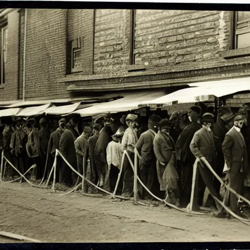 Image similar to A photograph of bread lines in the 1920's but everyone is doing the congo because capitalism is great, 4k, vintage photography