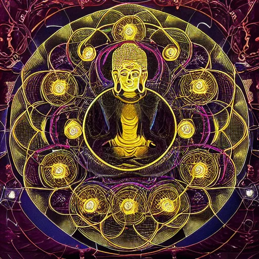 Image similar to invocation of buddha, cosmic horror, lovecraftian horror, sacred geometry, hyper detailed, 4 k, black, golden