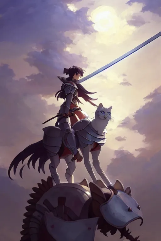 Prompt: a full body of the female knight riding a giant cat with gigantic sword, finely detailed features, closeup at the faces, perfect art, gapmoe yandere grimdark, trending on pixiv fanbox, painted by miura kentaro greg rutkowski makoto shinkai takashi takeuchi studio ghibli, akihiko yoshida