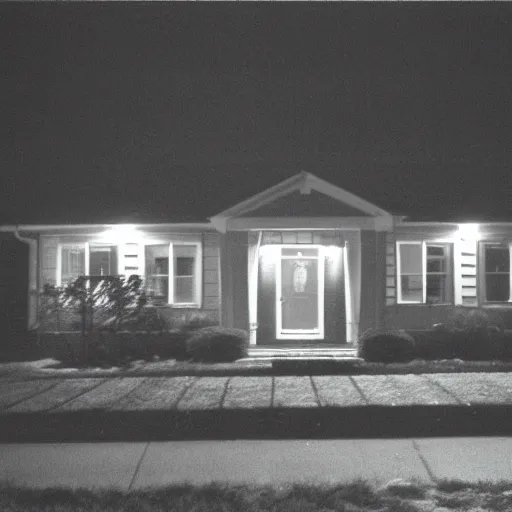 Image similar to a foggy high flash photo of a suburban home from the street at night, 2 0 0 6, taken with a disposable camera