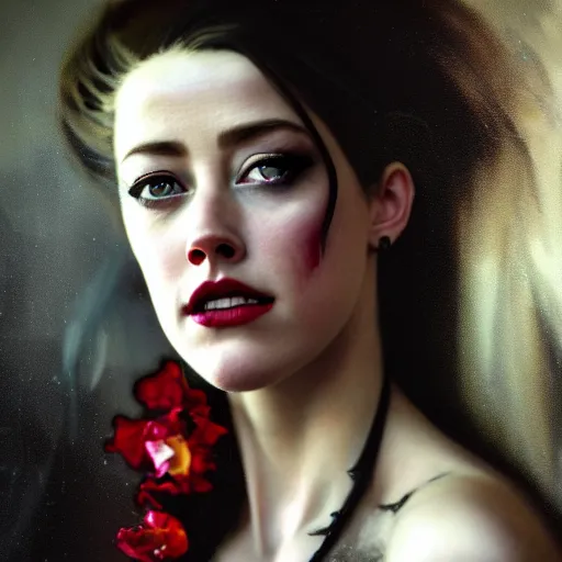 Image similar to hyperrealistic portrait of a woman as amber heard as a vampire witch tears makeup in a black coat turned back while closing a window over the shoulder shot portrait with falling petals in wind. by jeremy mann and alphonse mucha, fantasy art, photo realistic, dynamic lighting, artstation, poster, volumetric lighting, very detailed faces, 4 k, award winning