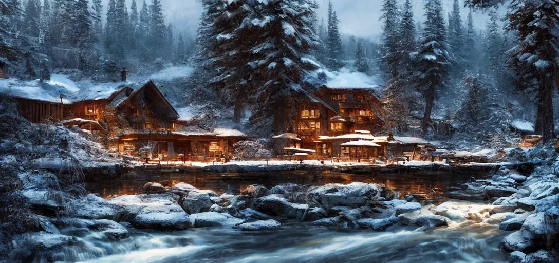 Prompt: a single cozy lodge beside a river stream in the canadian wilderness in winter, dramatic lighting, cinematic, establishing shot, extremely high detail, photo realistic, cinematic lighting, post processed, concept art, artstation, matte painting, style by eddie mendoza, raphael lacoste, alex ross