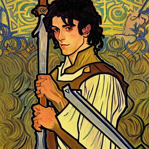 Image similar to painting of young handsome beautiful paladin elf!! man with long! dark hair, elf paladin fighting goblins with his sword, armor, modest, art by alphonse mucha, vincent van gogh, egon schiele,