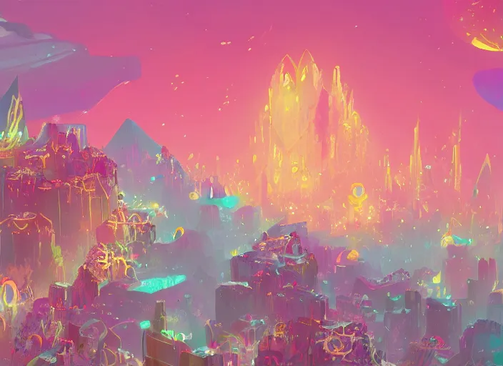 Prompt: shimmering crystal city made of diamond and rose quartz with gold decoration, sparkling in the sunlight, surrounded by flowers. trending on artstation, by anton fadeev.