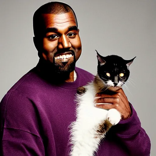 Image similar to Kanye West happy while holding a cat for a 1990s sitcom tv show, Studio Photograph, portrait, very happy C 12.0