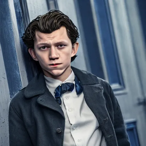 Image similar to tom holland as a rough dirty old man with a scruffy beard in a dark blue trenchcoat as the new doctor who, cinematic, volumetric lighting, f 8 aperture, cinematic eastman 5 3 8 4 film, photorealistic