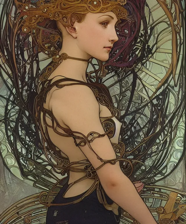 Image similar to realistic detailed portrait of a humanoid mecha cyberpunk! goddess by Alphonse Mucha and Charlie Bowater and art germ, rule of thirds, golden ratio, Art Nouveau! cyberpunk! style, mechanical accents!, mecha plate armor, flowing wires with leaves, art nouveau accents, art nouveau patterns and geometry, rich deep moody colors, portrait style with the subject in the middle of the frame