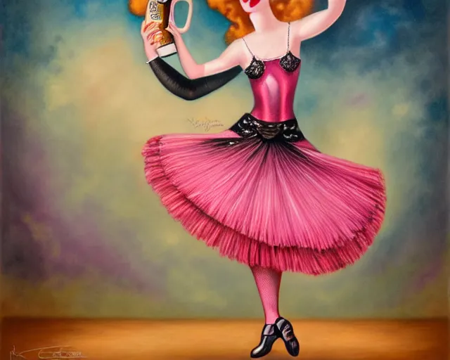 Image similar to a 1 9 2 0 s cancan dancer with a big bottle of champagne in art deco style, nicoletta ceccoli, mark ryden, lostfish, max fleischer, hyper realistic, artstation, illustration, digital paint, matte paint, vivid colors, bright, cheerful, detailed and intricate environment