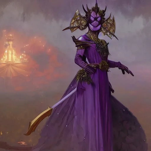 Image similar to an extremely detailed matte painting of a demon queen in a resplendant and beautiful purple dress as a masquerade ball, epic fantasy, viewed in profile from far away, sharp focus, detailed face, art by greg rutkowski and alphonse mucha, volumetric lighting, 4 k resolution, artstation