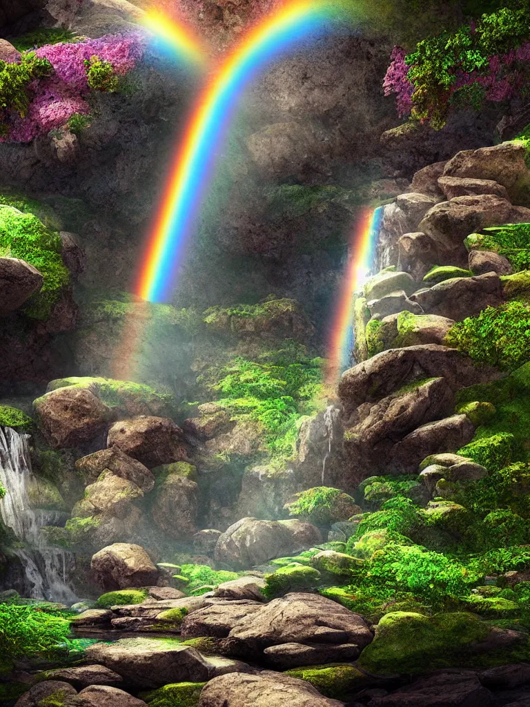 Image similar to digital illustration of waterfall cascading onto rocks, small rainbow emerging in background, ethereal, beautiful scenery, intricately meticulously detailed, amazing, glitter, 8 k render octane high definition