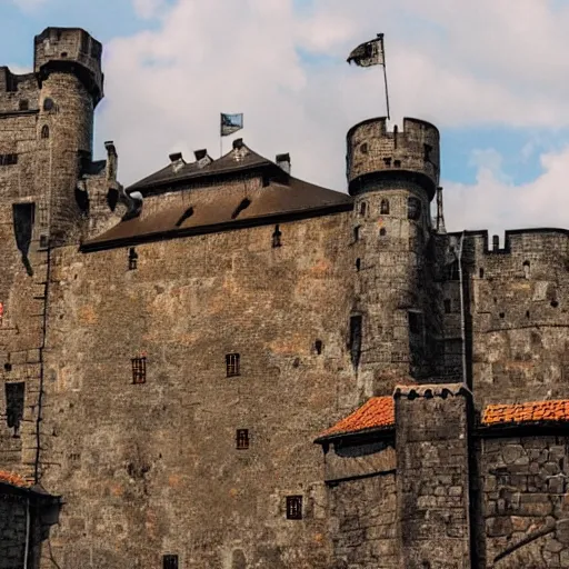 Image similar to photo of a metal medieval castle with machines guns on top of the walls