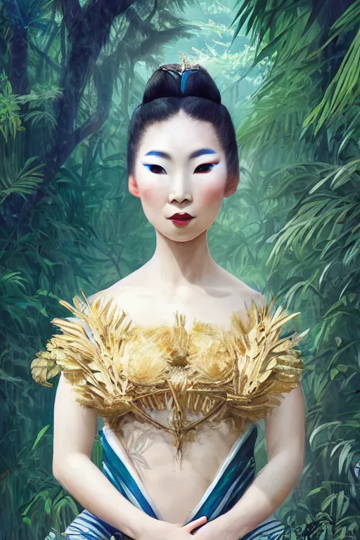 Image similar to stunningly beautiful, inuit geisha prima ballerina in jungle, symmetrical face, golden hour, smooth, focus, highly detailed, hyper realistic, dramatic lighting, elegant, intricate, concept art, art by wlop, mars ravelo, greg rutowski, artstation