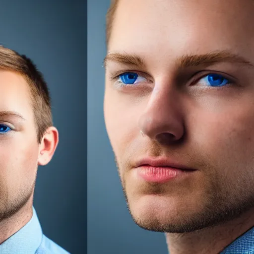 Image similar to angelic Blue eyed blond young man, corporate portait, headshot, profile