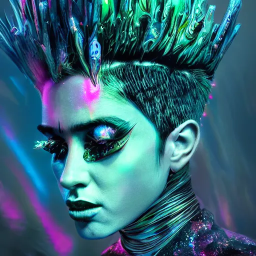 Image similar to splashes of neon galaxies, mowhawk, punk wizard portrait made out of paint, trending on artstation, epic composition, emotional, beautiful, rendered in octane, highly detailed, realistic, tim burton comic book art, sharp focus, unreal engine