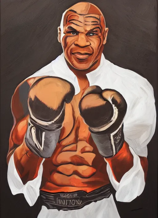 Prompt: a portrait of mike tyson with fried chicken boxing gloves.