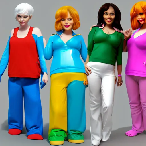 Prompt: christina hendricks as 7 7 gumball characters, 3 d render, blender,