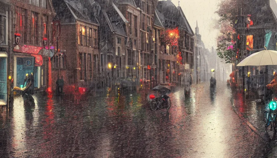 Image similar to vise, belgium under rain, people with umbrellas, wet roads, hyperdetailed, artstation, cgsociety, 8 k