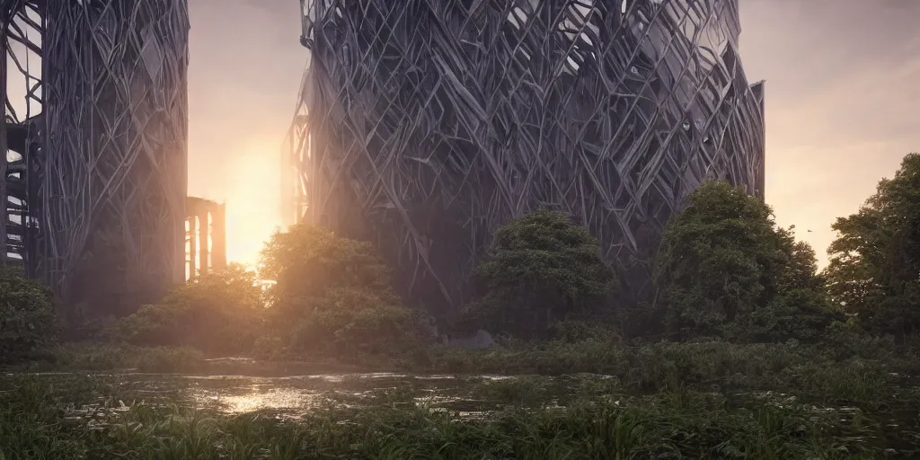 Prompt: a stunningly detailed cathedral of brutalist architecture, surrounded by lush green forest, ponds of water, stunning volumetric lighting, sunset, metal, concrete, stunning skies, trending on Artstation, 8k, photorealistic, hyper detailed, unreal engine 5, IMAX quality, cinematic, epic lighting, in the style of Greg Rutkowski