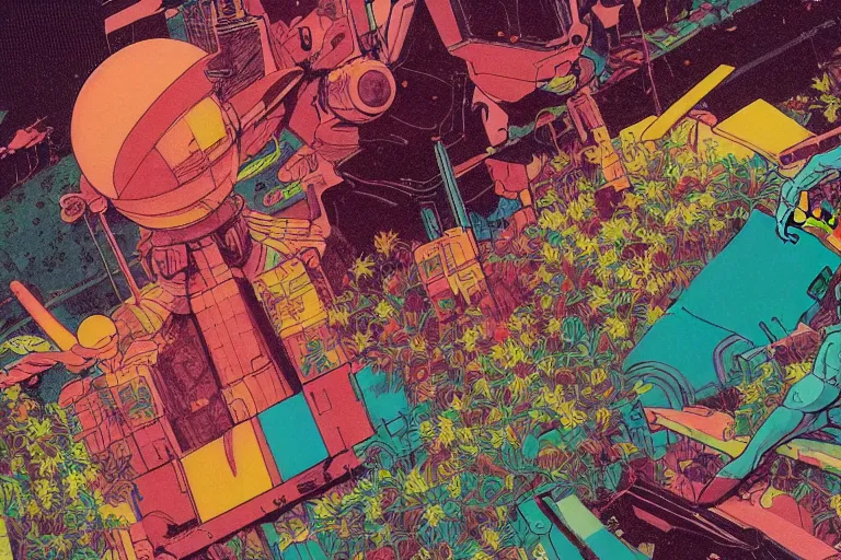 Image similar to risograph grainy drawing vintage sci - fi, satoshi kon color palette, gigantic gundam, covered with exotic flora, 1 9 8 0, kodachrome, natural colors, comicbook spreadsheet, codex seraphinianus painting by moebius and satoshi kon and dirk dzimirsky close - up portrait