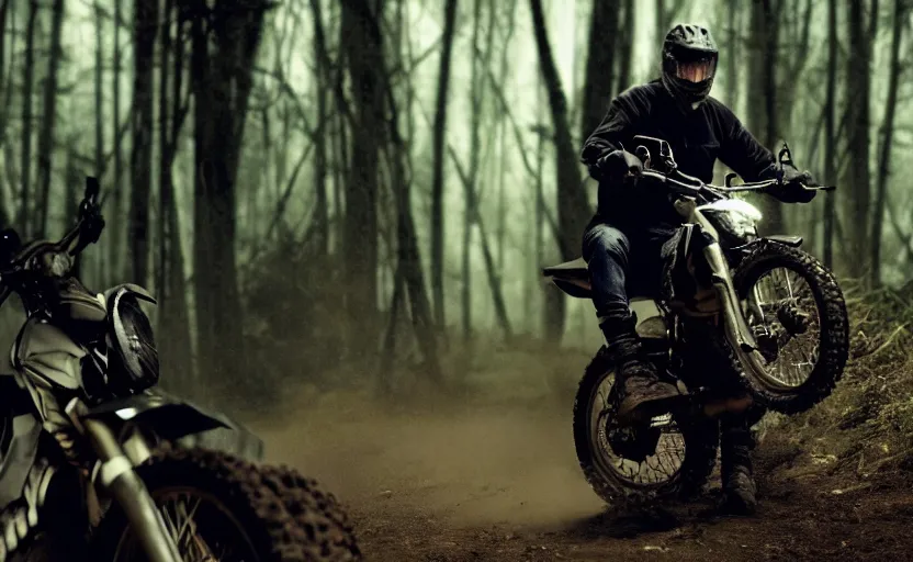 Prompt: cinestill 5 0 d candid photographic portrait by steven spielberg of joe biden wearing rugged black mesh techwear on a dirtbike through a deep forest, extreme closeup, modern cyberpunk moody emotional cinematic, snow storm, 8 k, hd, high resolution, 3 5 mm, f / 3 2, ultra realistic faces, ex machina