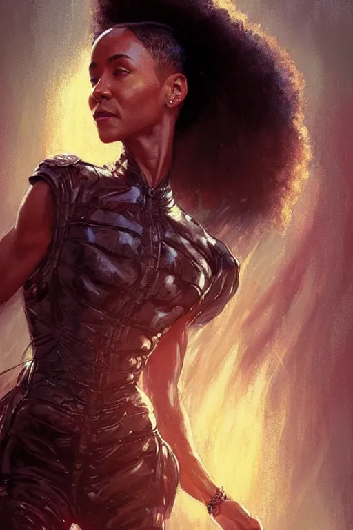 Prompt: young jada pinkett smith from the matrix profile picture by Greg Rutkowski, dynamic pose, afro futurism, intricate, futuristic, fantasy, elegant, by Stanley Artgerm Lau, greg rutkowski, thomas kindkade, alphonse mucha, loish, norman Rockwell,