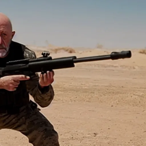 Image similar to Film still of Mike Ehrmantraut in American Sniper aiming with a sniper rifle, 4k, highly detailed