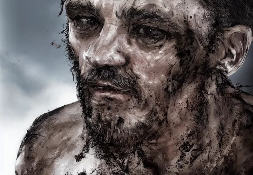 Image similar to portrait of muscular, tired and alcoholic 3 0 - year - ol 5 grieving man with short darkblonde hair, serious sad look in his eyes, looking down, dirty beard, blue eyes, crying tears, wearing dirty soldier uniform, on the desert, sad atmosphere, hyper realistic face, character art, art by mark brooks, cryengine, trending on artstation, digital art
