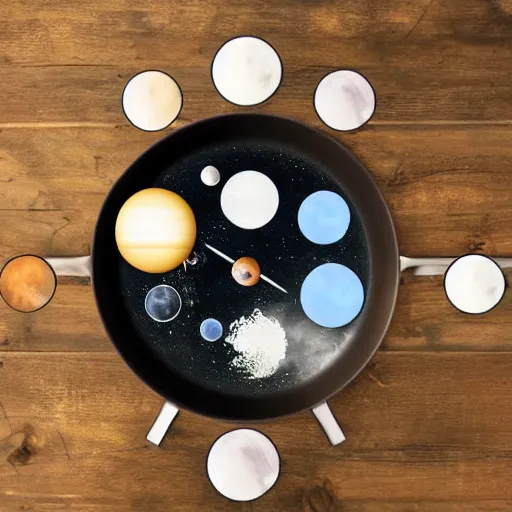 Prompt: planets in a pan looking like a clock