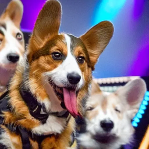 Image similar to corgi on concert of Russian rock group with tons of beer